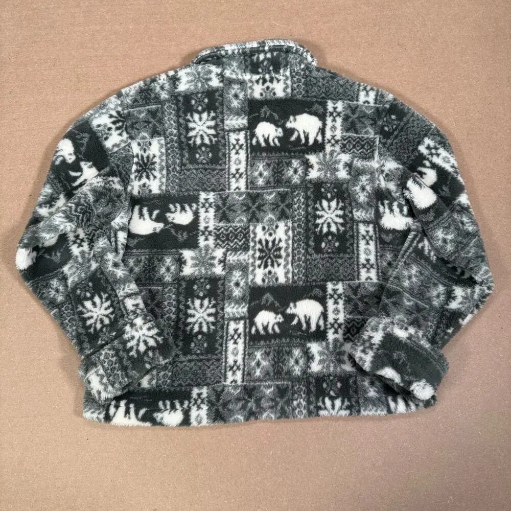 Polar Bear Snowflake Pattern Fleece Zip Jacket Winter Gray White Women’s Large